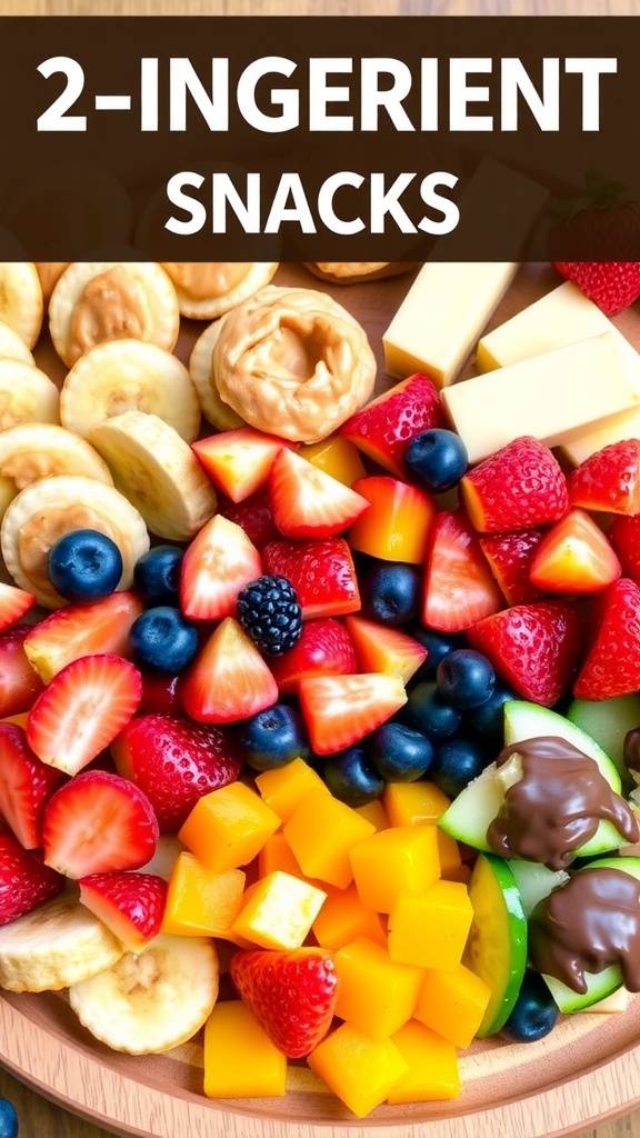 A variety of quick 2-ingredient snacks including peanut butter banana slices, cheese and crackers, and chocolate-covered strawberries.